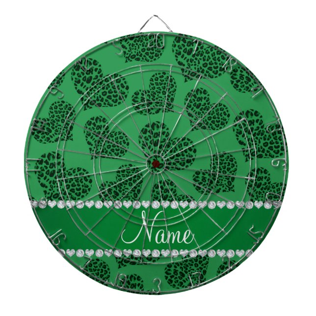 Personalised name green leopard hearts dartboard (Front)