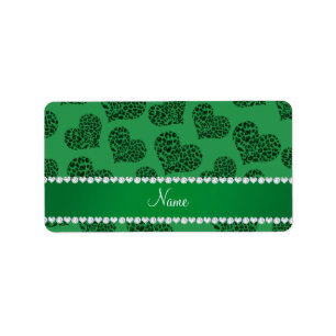 Personalised name green leopard hearts label