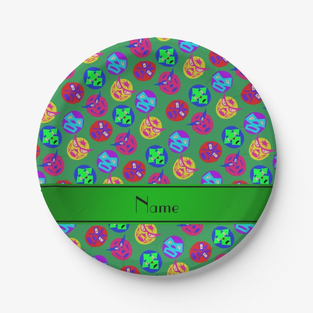Personalised name green mexican wrestling masks paper plate (Front)