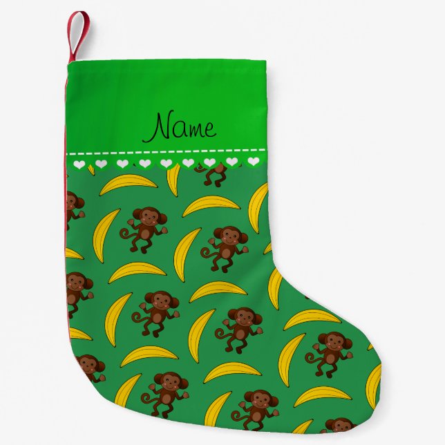 Personalised name green monkey bananas small christmas stocking (Front)
