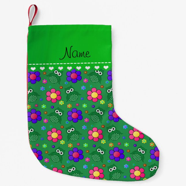Personalised name green owls flowers pattern small christmas stocking (Front)