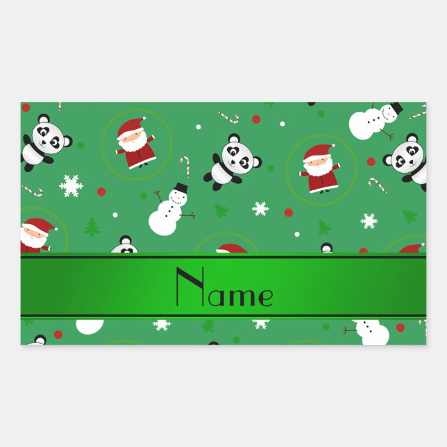 Personalised name green panda santas christmas rectangular sticker (Front)