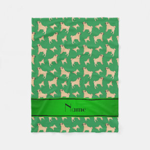 Personalised name green Pug dogs Fleece Blanket