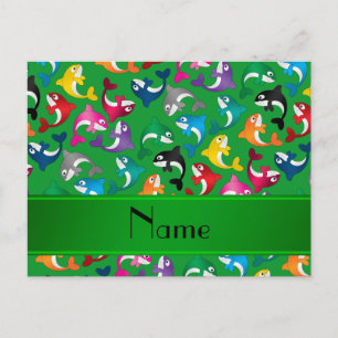 Personalised name green rainbow killer whales postcard