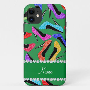 Personalised name green rainbow leopard high heels iPhone 11 case