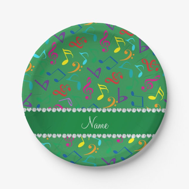 Personalised name green rainbow music notes paper plate (Front)