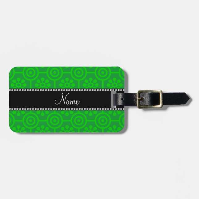 Personalised name green retro flowers luggage tag (Front Horizontal)