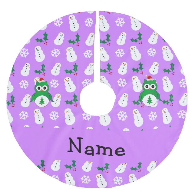 Personalised name green santa owl purple snowmen brushed polyester tree skirt (Front)