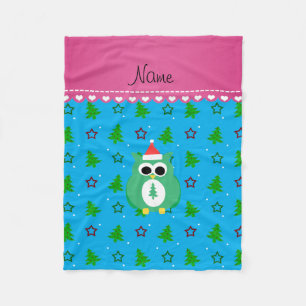 Personalised name green santa owl sky blue trees fleece blanket
