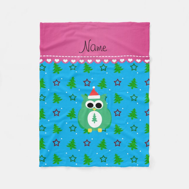 Personalised name green santa owl sky blue trees fleece blanket (Front)