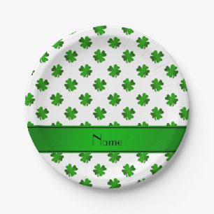 Personalised name green shamrocks green stripe paper plate