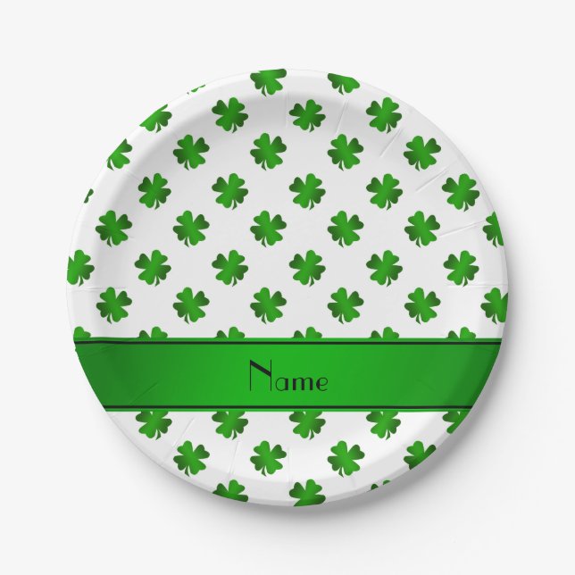 Personalised name green shamrocks green stripe paper plate (Front)