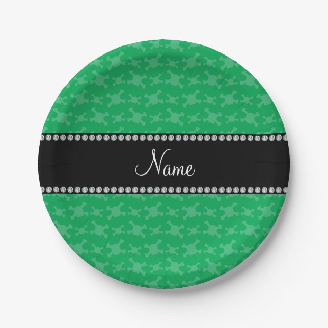 Personalised name green skulls pattern paper plate (Front)