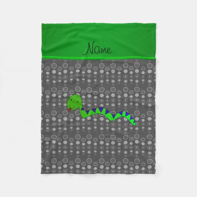 Personalised name green snake grey bubbles fleece blanket (Front)