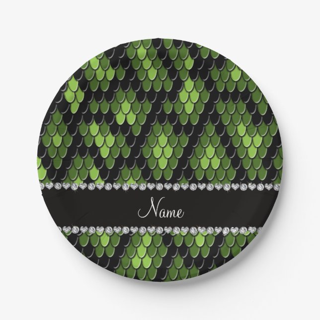 Personalised name green snake skin pattern paper plate (Front)