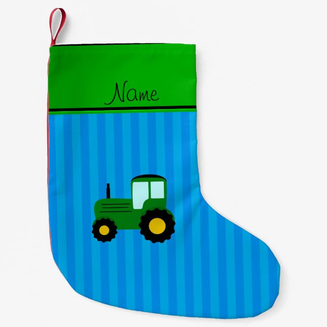Personalised name green tractor blue stripes small christmas stocking (Front)