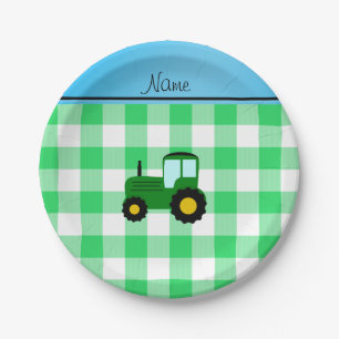 Personalised name green tractor green checkers paper plate