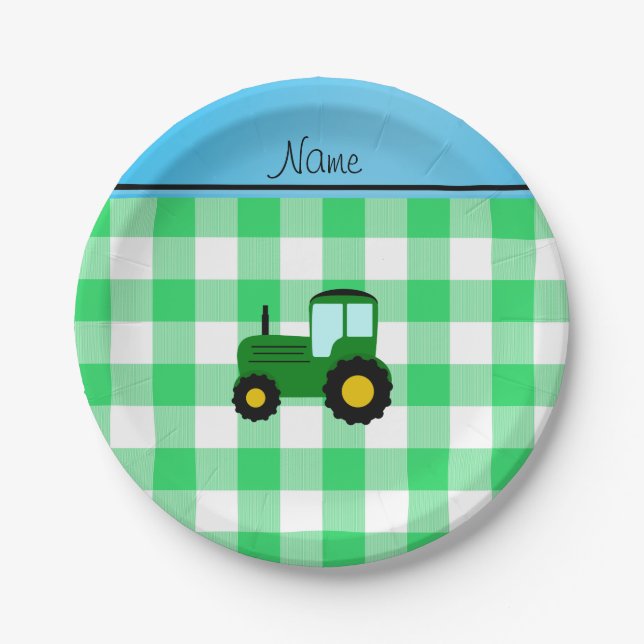 Personalised name green tractor green checkers paper plate (Front)