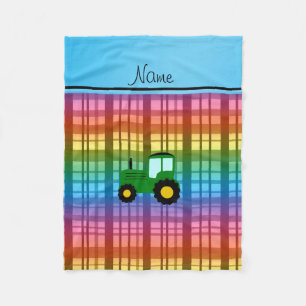 Personalised name green tractor rainbow plaid fleece blanket