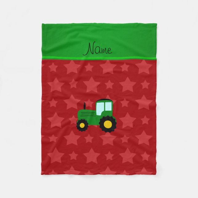 Personalised name green tractor red stars fleece blanket (Front)