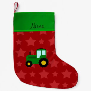 Personalised name green tractor red stars small christmas stocking