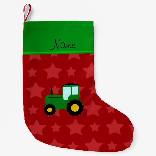 Personalised name green tractor red stars small christmas stocking (Front)