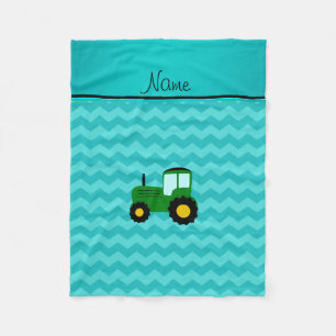 Personalised name green tractor turquoise chevrons fleece blanket