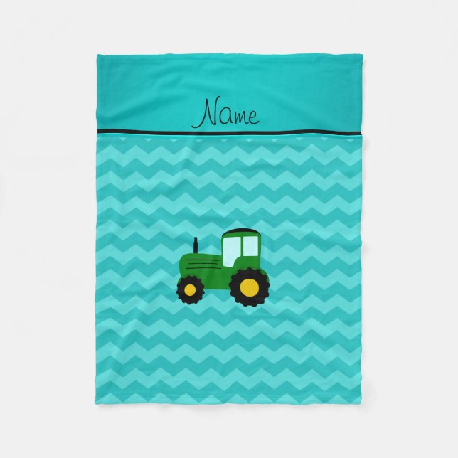 Personalised name green tractor turquoise chevrons fleece blanket (Front)