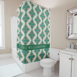 Personalised Name Green Vintage Tile Pattern  Shower Curtain