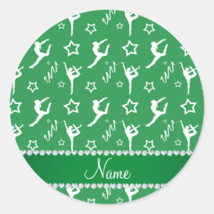 Personalised name green white gymnastics stars classic round sticker
