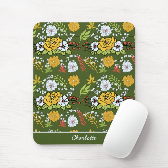 Personalised name greenery floral seamless pattern mouse mat (With Mouse)