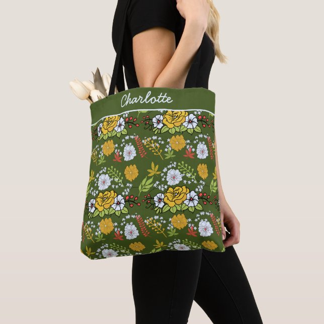 Personalised name greenery floral seamless pattern tote bag (Close Up)