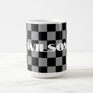 personalised name grey and black chequered coffee mug