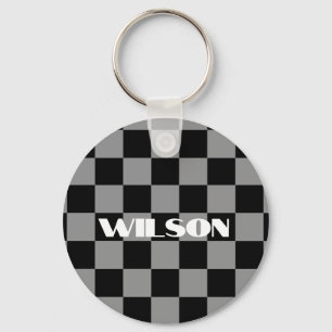 personalised name grey and black chequered key ring