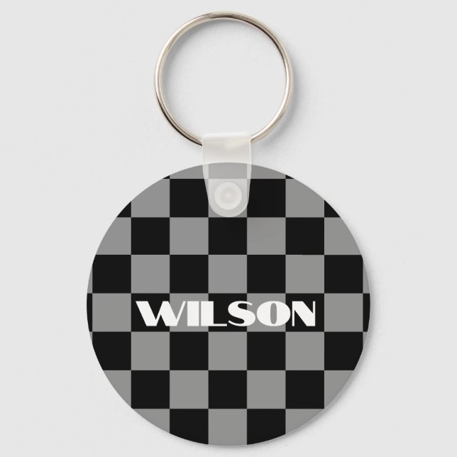 personalised name grey and black chequered  key ring (Front)
