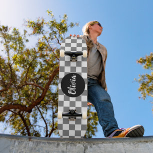 Personalised Name grey and white Chequerboard  Skateboard