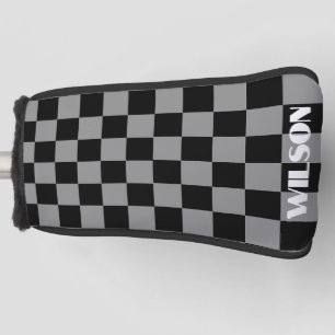 Personalised name grey &black chequered golf head cover