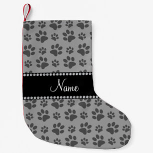 Personalised name grey dog paw prints small christmas stocking