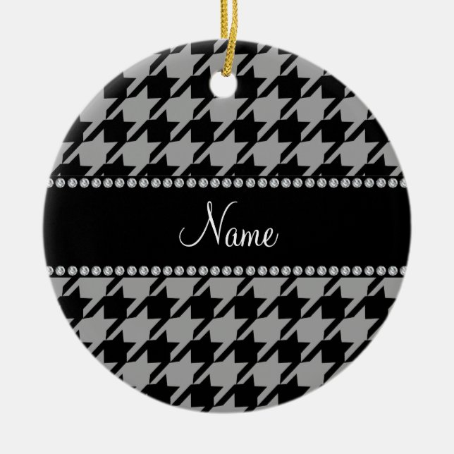 Personalised name grey houndstooth ceramic tree decoration (Front)