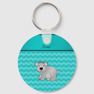 Personalised name grey koala turquoise chevrons key ring