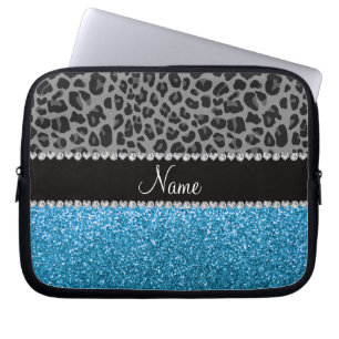 Personalised name grey leopard sky blue glitter laptop sleeve