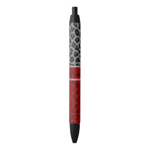 Personalised name grey red leopard pattern black ink pen