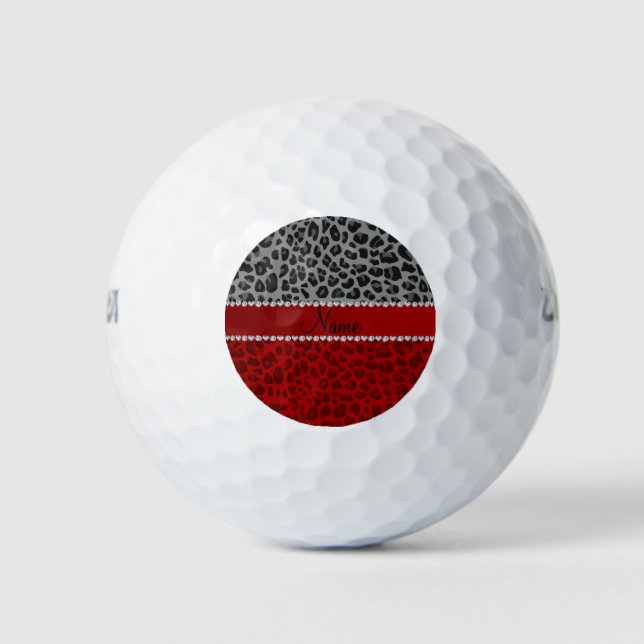 Personalised name grey red leopard pattern golf balls (Front)