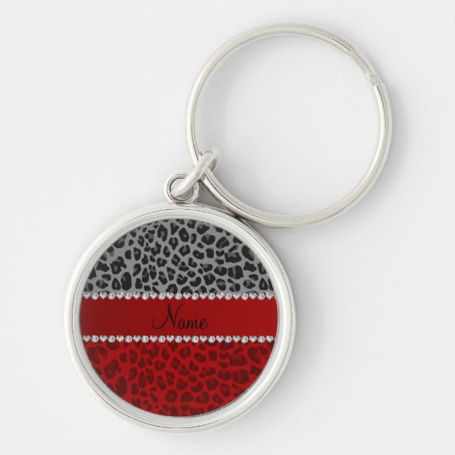 Personalised name grey red leopard pattern key ring (Front)