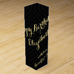 Personalised Name Happy Birthday Faux Gold Black Wine Box<br><div class="desc">Create your own custom, personalised, classy, beautiful elegant faux gold typography / script, cool black and grey chequered pattern, birthday wine / champagne gift box, with your personalised birthday wishes on the front and your custom note / message at the back. Made with sturdy 24 pt. cardstock, this wine box...</div>