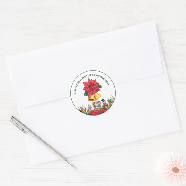 Personalised Name Happy Holidays Festive Floral Classic Round Sticker (Envelope)