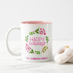 Personalised Name Happy Holidays Wreath Pink Two-Tone Coffee Mug<br><div class="desc">Personalised Name Happy Holidays Wreath Pink Mug</div>