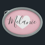 Personalised name heart belt buckle for women<br><div class="desc">Personalised name pink heart belt buckle for women. Custom metal beltbuckles with romantic love symbol and stylish brush script handlettering template. Beautiful Birthday or Christmas gift idea for her. Add your own name or monogram initial letters. Elegant handwritten typography. Oval or rectangular shape. Unique keepsake present for mum, wife, sister,...</div>