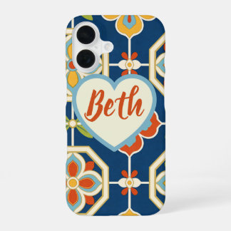 Personalised Name Heart Retro Art Deco Colourful iPhone 16 Case