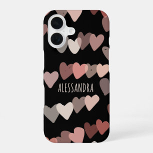 Personalised name hearts pattern black blush pink iPhone 16 case